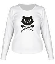 Женская футболка длинный рукав Кот и  скелет рыбы фото