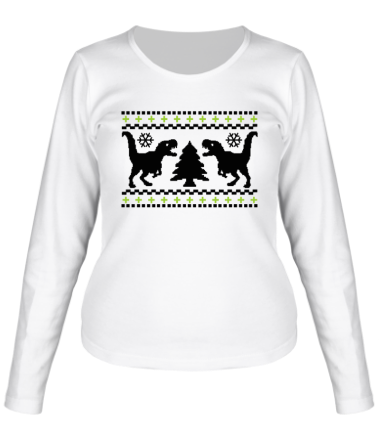 Женская футболка длинный рукав Зимний узор с тиранозавром