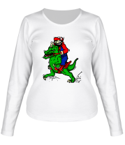 Женская футболка длинный рукав Марио на динозавре фото