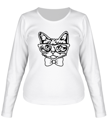 Женская футболка длинный рукав Котик в очках и с бабочкой