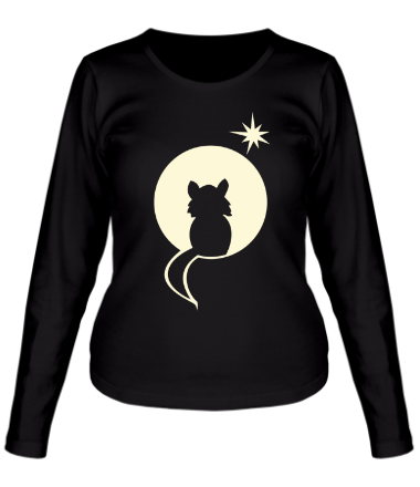 Женская футболка длинный рукав Котенок на фоне луны (светящийся рисунок)