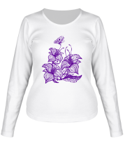 Женская футболка длинный рукав Цветы с бабочками