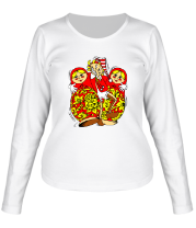 Женская футболка длинный рукав Буратино с матрёшками фото