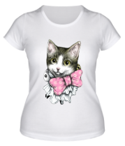 Женская футболка Котёнок с розовым бантом фото