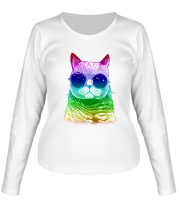 Женская футболка длинный рукав Радужный кот фото