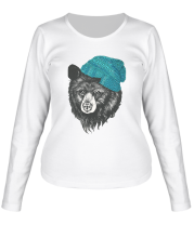 Женская футболка длинный рукав Медведь в вязанной шапке фото