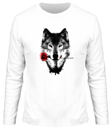 Мужская футболка длинный рукав Волк с розой