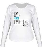 Женская футболка длинный рукав Ем, сплю, программирую, повтор. фото