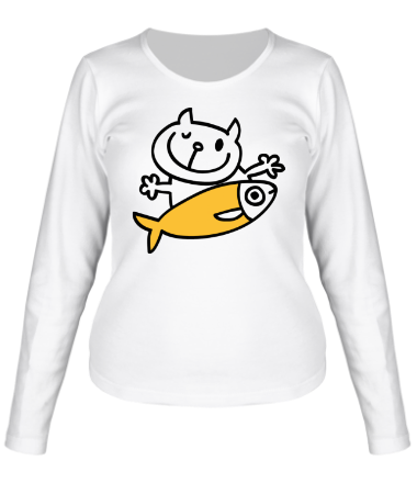 Женская футболка длинный рукав Кот и большая рыба